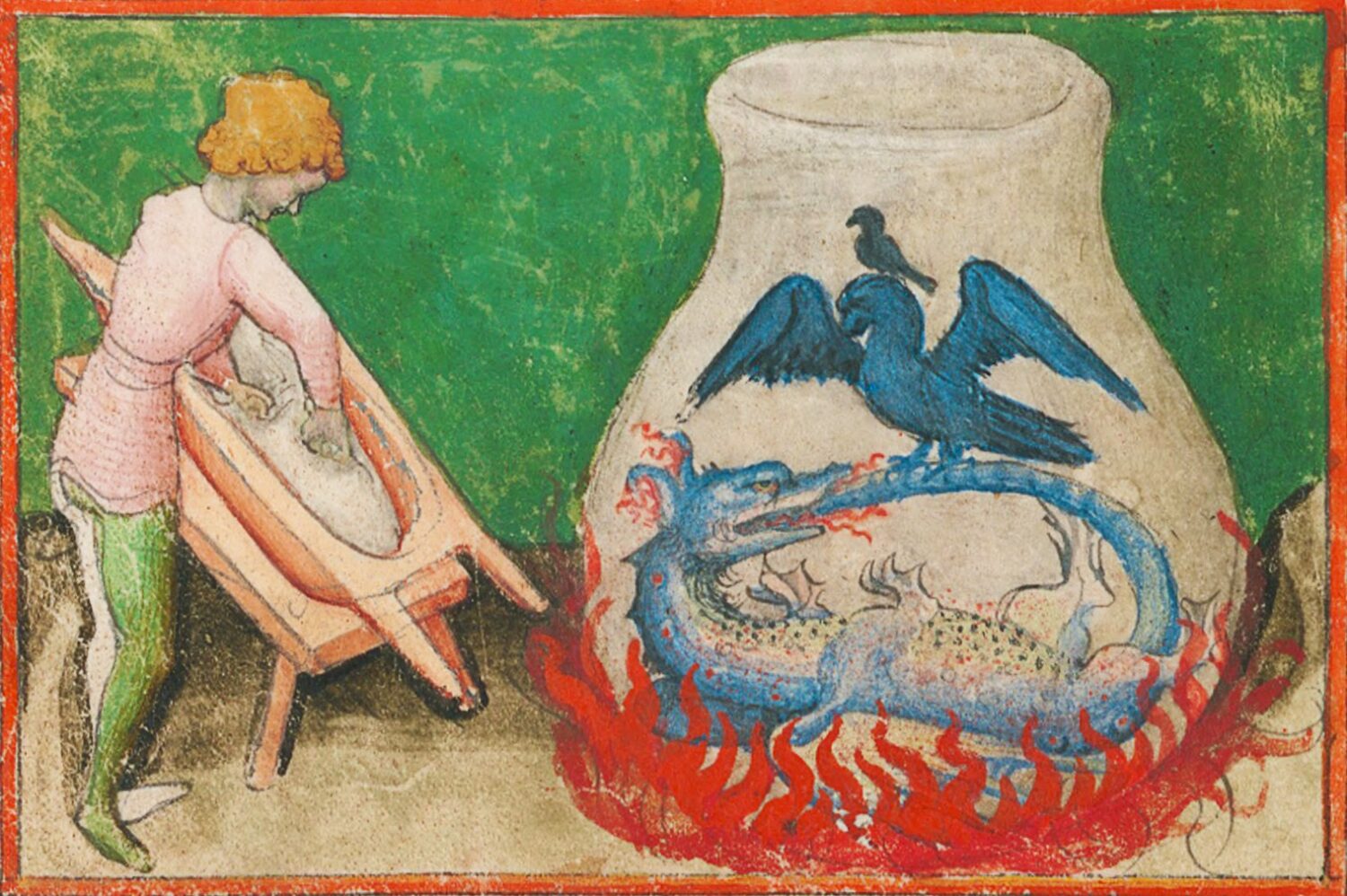 Alkymistisk praksis. Illustration fra 1400-tallet fra Aurora consurgens-håndskrift, Zürich, Rheinau 172. Wikipedia Commons