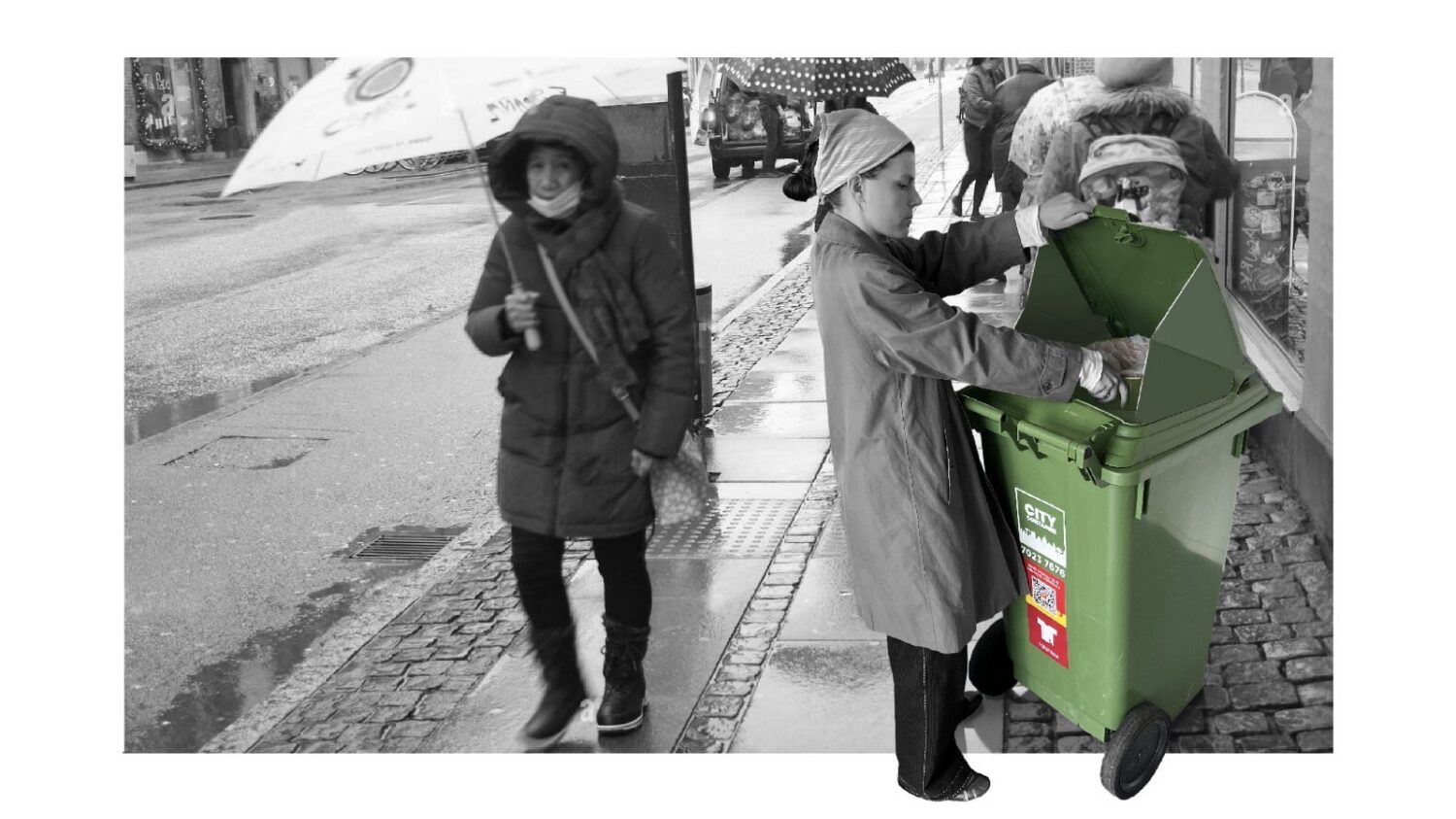 Refabric : Redesigning Textile Waste Bins in Frederiksberg (2025) af Léa Wang, Niels Bruun Djurhuus, Frida S. Akraberg Petersen og Patrik Fredegaard Olsen, fotokollage af de studerende.